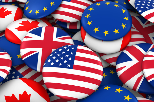 American, British, Canadian and European Flag Badge Pile Background 3D Illustration - Φωτογραφία, εικόνα