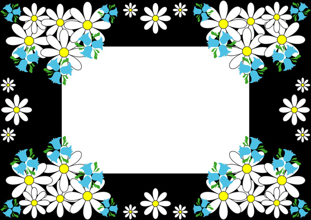 The greeting card,background with daisies and bluebells on a black - Vector, Image