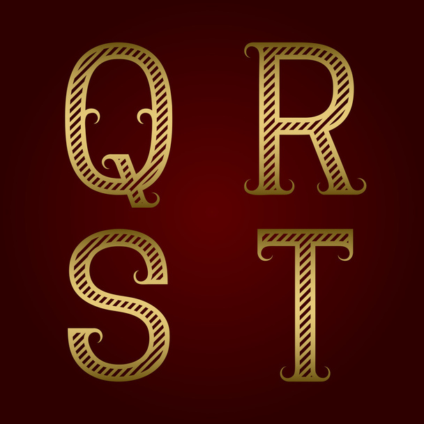 Q, R, S, T golden striped letters with flourishes. - Vector, afbeelding