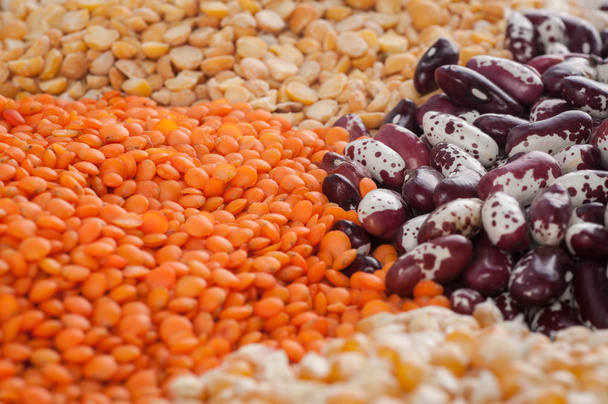 色とりどりのスライド豆、エンドウ豆、ひよこ豆、トウモロコシのスプーン - 写真・画像