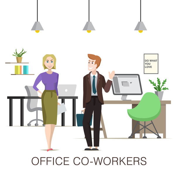 Woman and man characters in office on white background. - Διάνυσμα, εικόνα