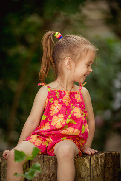 Cute little girl in dress outdoors - Фото, изображение