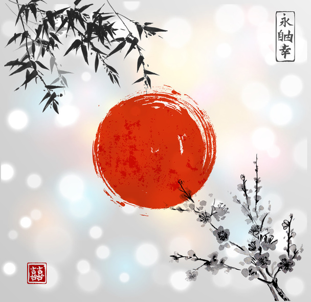 Bamboo leaves and red sun  - Vector, Image
