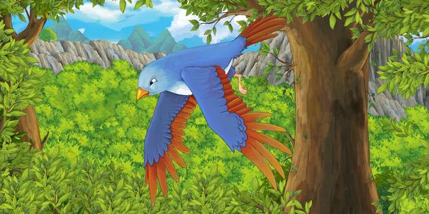 Cartoon bird flying in the forest - Foto, Imagen
