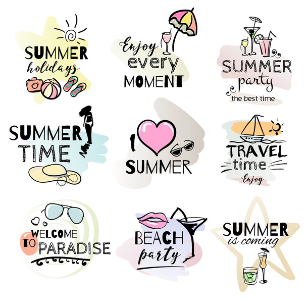 Set of hand drawn watercolor summer signs - Διάνυσμα, εικόνα