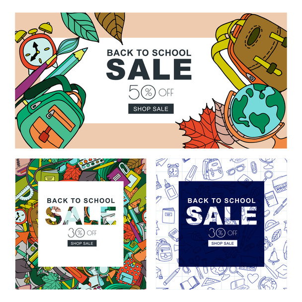 Set of back to school sale banners with backpack, pencil, brush, autumn leaves. Vector banners and flyers. Color doodle education and school supplies. Hand drawn creative design . - Διάνυσμα, εικόνα