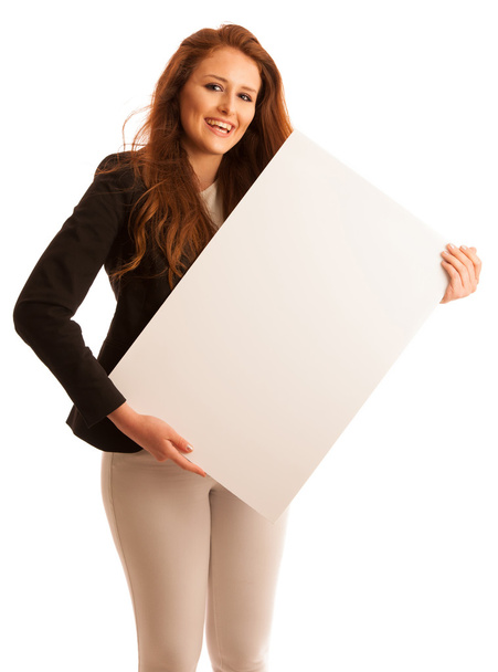 Sign board. Woman holding big white blank card. Positive emotion - Foto, afbeelding