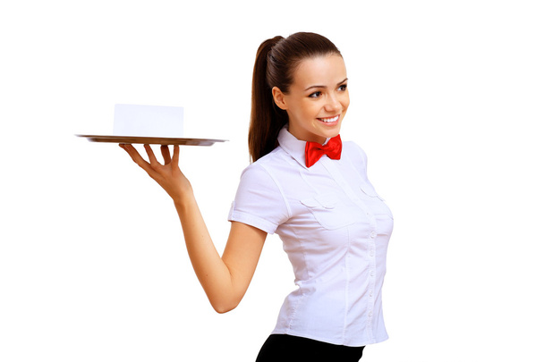Young waitress in a white blouse - Φωτογραφία, εικόνα