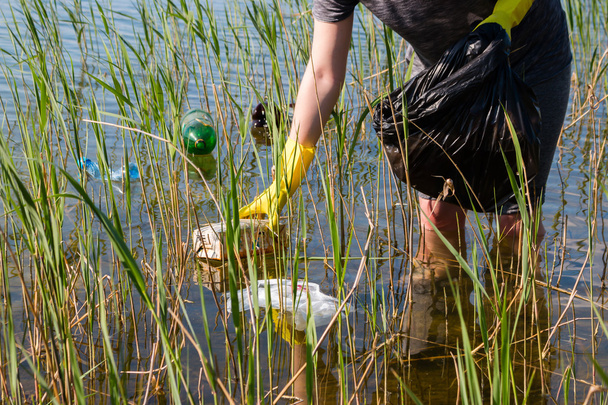 girl volunteer cleans the pond from garbage selective focus - Foto, imagen