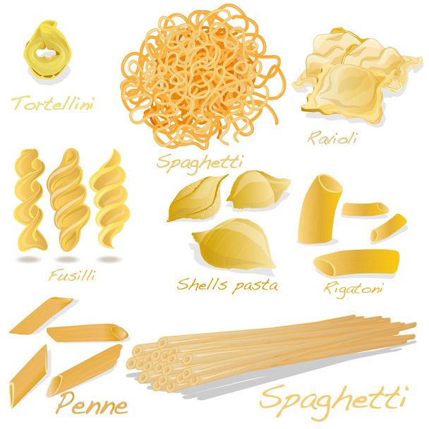 Cartoon pasta. Different noodles types. Spaghetti, penne and