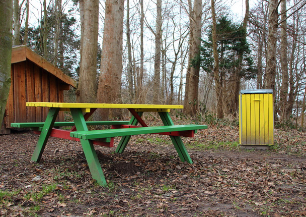 カラフルなベンチとゴミ箱の森の屋外休憩所 - 写真・画像