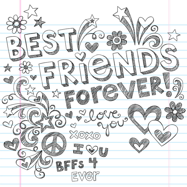 melhores amigos para sempre bff volta para escola esboçada doodles vector - Vetor, Imagem