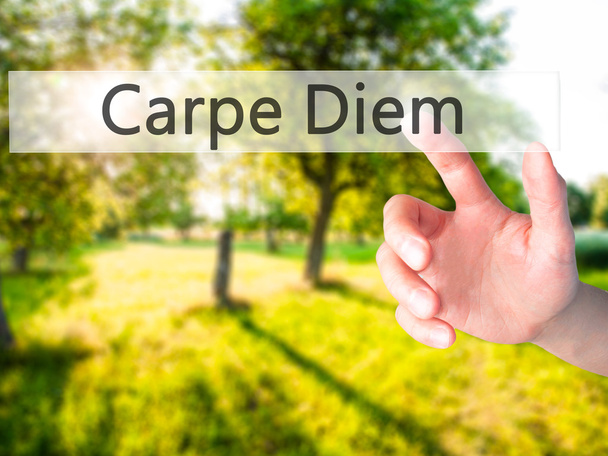 Carpe Diem-kéz megnyomásával egy gombot homályos háttér fogalmi - Fotó, kép