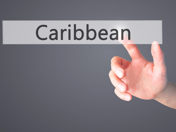 Καραϊβική-χέρι πάτημα ενός κουμπιού σε θολή έννοια φόντου - Φωτογραφία, εικόνα