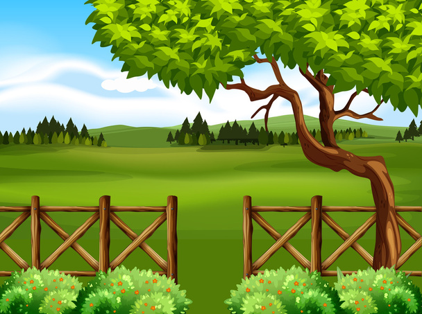 Escena de naturaleza con árbol y campo
 - Vector, imagen