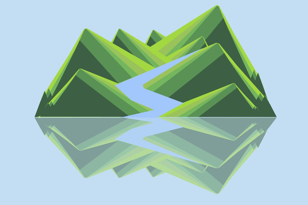 Berglandschaft mit Fluss. grüne Hügel, blauer Fluss, der sich im Wasser spiegelt. modernes flaches Design, Designelement, Vektor - Vektor, Bild