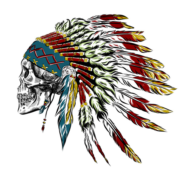 手には、人間の頭蓋骨を持つネイティブ アメリカン インディアン羽飾りが描かれました。ベクトル図 - ベクター画像
