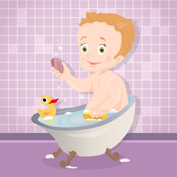 Милий хлопчик посміхається, розмовляючи ванною у ванній
 - Вектор, зображення