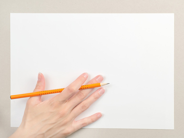 Hand with pencil on blank paper sheet - 写真・画像