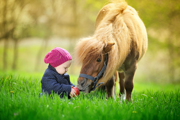 Маленькая девочка с красным яблоком и пони
 - Фото, изображение