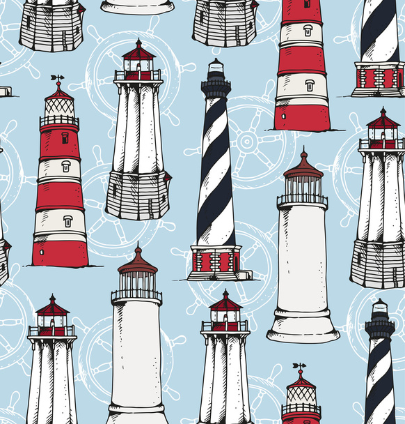 Seamless pattern with hand drawn lighthouses and ship wheels - Vetor, Imagem