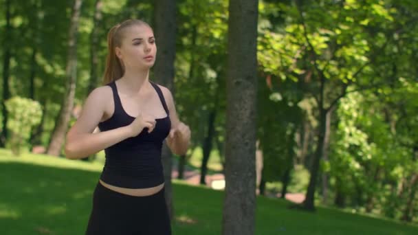 attraktive Läuferin, die sich im Park dehnt. Fittes Mädchen beim Fitnesstraining - Filmmaterial, Video