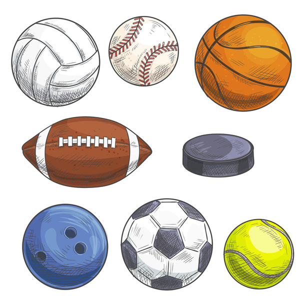 Sport balls set. Hand drawn color pencil sketch icons. - Vector, Image