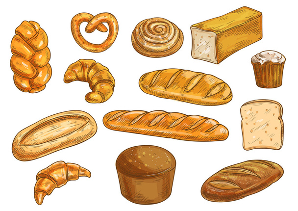 Chleb sortuje i piekarnia szkicowanych obiektów - Wektor, obraz