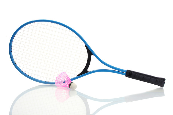 Badminton racket and shuttlecock isolated on white - Fotoğraf, Görsel