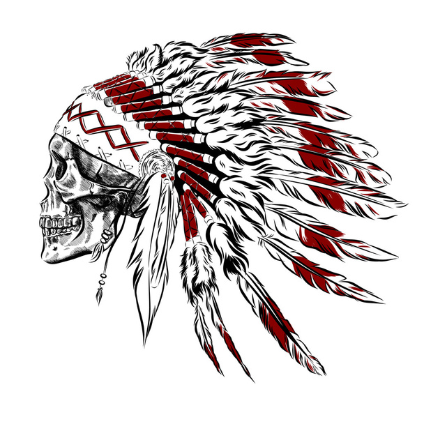 手には、人間の頭蓋骨を持つネイティブ アメリカン インディアン羽飾りが描かれました。ベクトル図 - ベクター画像