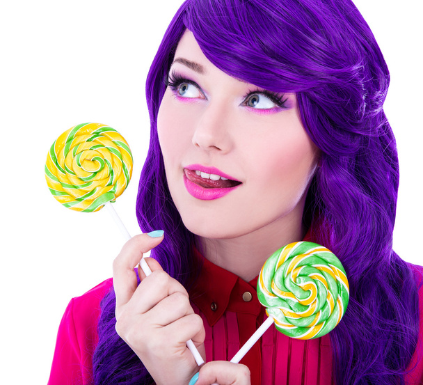 close up portrait of dreaming woman with purple hair and colorfu - Photo, Image