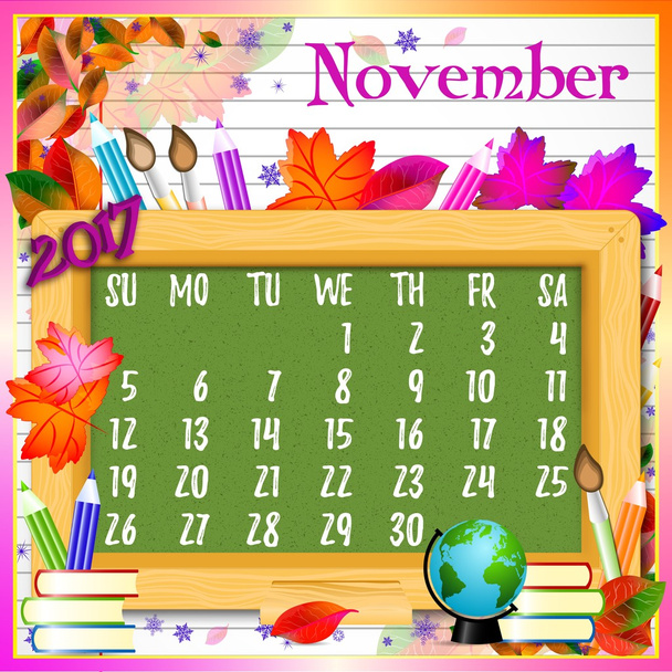 Calendar grid for 2017. Back to school. November - Vetor, Imagem