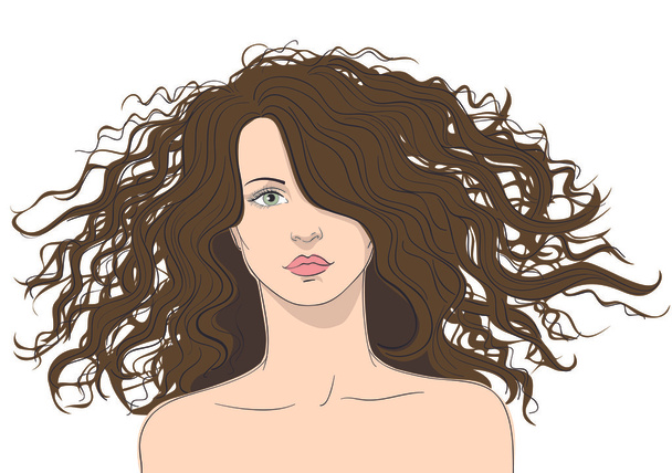Lány, nagy, göndör, barna haj - Vektor, kép