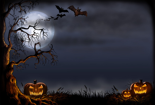 Scène d'Halloween effrayant avec des citrouilles et des chauves-souris
 - Photo, image