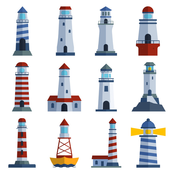 Vector set of cartoon flat lighthouses. - Vector, afbeelding