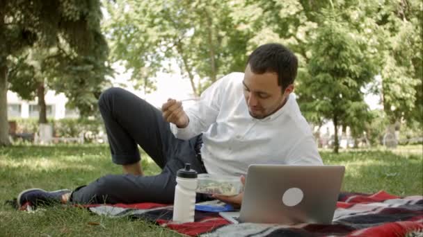 attraktiver Mann zur Mittagszeit im Park, sage etwas in die Kamera - Filmmaterial, Video