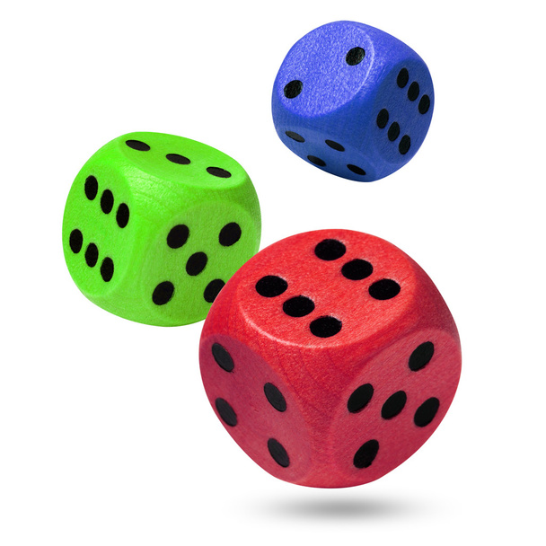 Red, green and blue wooden rolling dices isolated on white - Photo, Image