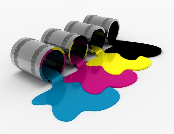 Open metal paint cans with spilled paints. 3D illustration Stock