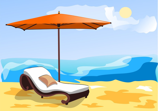  plaża, lato, morze, parasol, cieniu, szezlong, słońce - Wektor, obraz