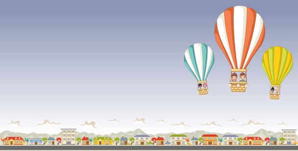 Çizgi film çocukları içeri sıcak hava balonu uçan - Vektör, Görsel