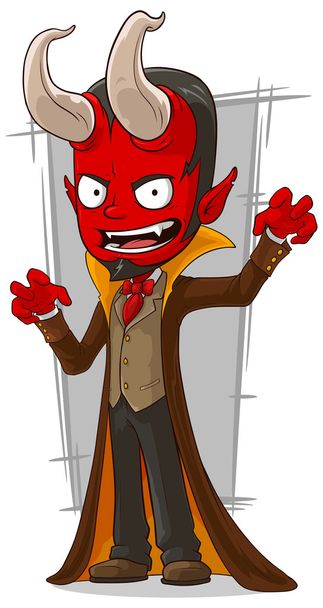 Cartoon red devil in brown cape - Διάνυσμα, εικόνα