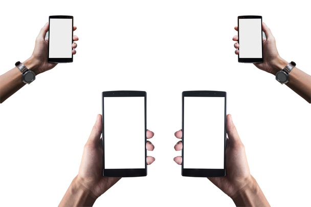 Рука тримає смартфон ізольовано на білому тлі з відсічним контуром
. - Фото, зображення
