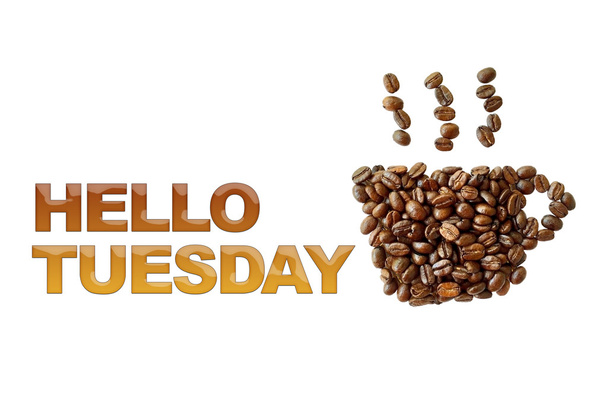 palabra Hola martes con granos de café, forma de taza de café en blanco
  - Foto, Imagen