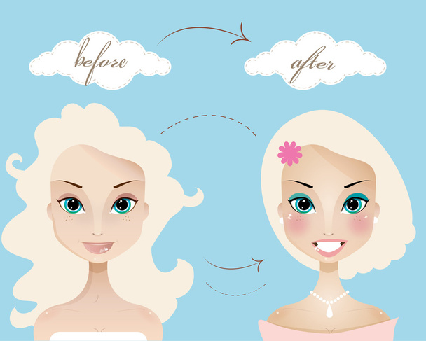 Makeup of pretty blonde woman before and after - Vecteur, image