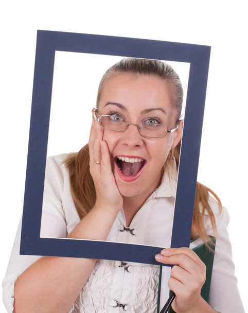 Business lady looks surprised through the frame - Foto, immagini