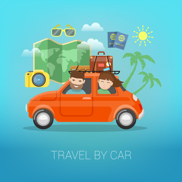 Ταξιδέψτε με αυτοκίνητο. Ευτυχισμένο ζευγάρι ταξιδεύει με αποσκευές στο αυτοκίνητο. Απεικόνιση διανυσματικών φορέων - Διάνυσμα, εικόνα