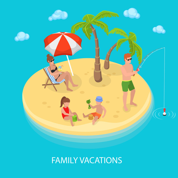 isometrischer tropischer Inselstrand mit glücklicher Familie zum Entspannen. Vektorillustration - Vektor, Bild