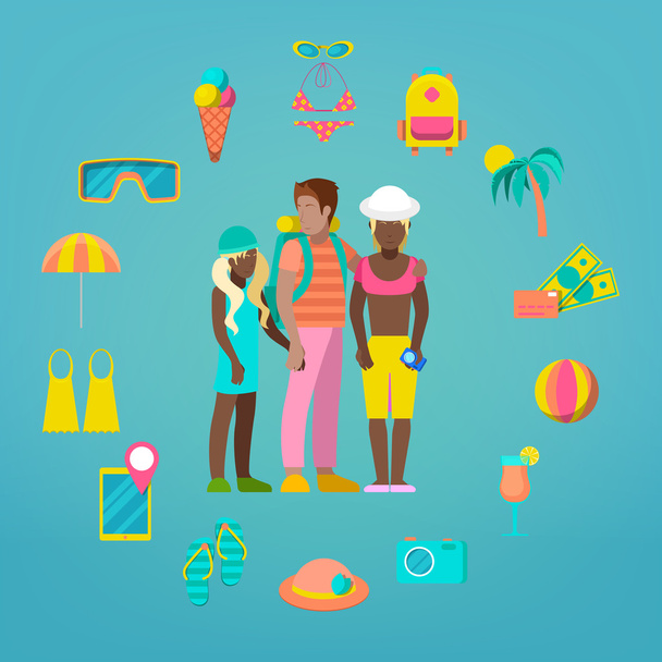 Family Travel Tourism Icons Set with Tourist and Sea Vacations Accessories. Vector illustration - Vector, Image