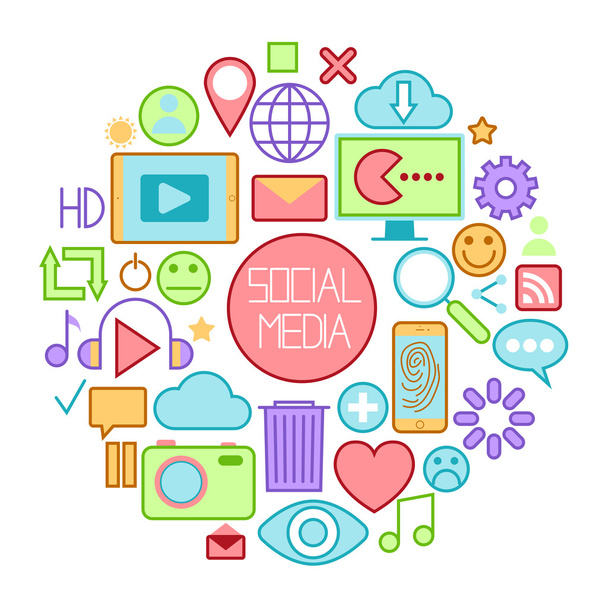 Společenské ikony médií s emotikony a zařízeními pro Internet. Vektorová ilustrace - Vektor, obrázek