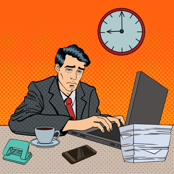 Depressed Businessman Stayed Late at Work. Tired Worker with Laptop. Pop Art Vector illustration - Vector, Image